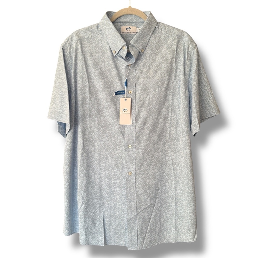 NWT Southern Tide Printed Sport Shirt, Blue, Button-Up Short Sleeve, Golf, XL